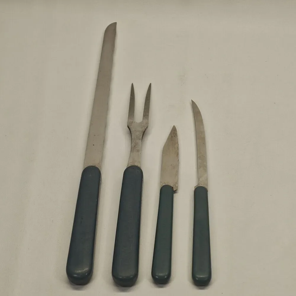 Vintage Country Goose Blue Handle 4 Pc Serving Knife Fork Utensil Set Taiwan Lot